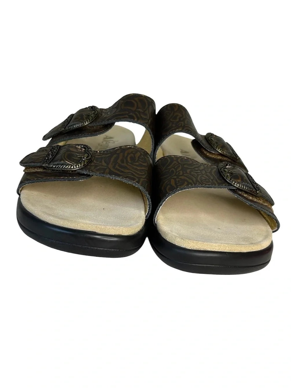 ALEGRIA PG Lite Women Sz 42 Jade Brown Embossed Leather Adjustable Slide Sandals